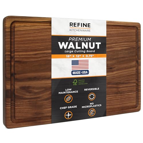 Refine Kitchenware Black Walnut Cutting Board 18x12x.75"| FSC-Certified Walnut | Reversible with Juice Groove