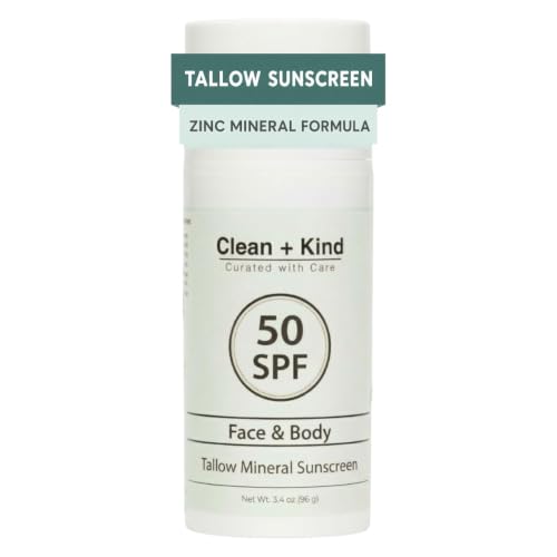 Clean + Kind Organic Beef Tallow Sunscreen SPF 50 Zinc Oxide Stick, 3.4 oz