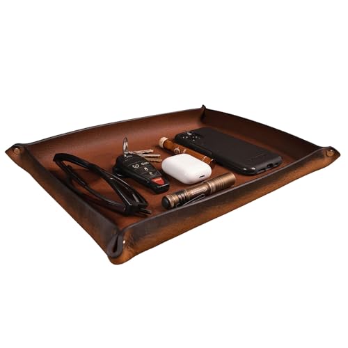 Nohma Leather Valet Tray – Full-Grain Leather Catchall Organizer for Keys, Phone & Wallet – Rustic Nightstand