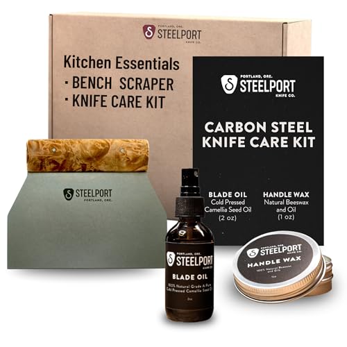 STEELPORT Bench Scraper & Knife Care Kit Gift Set | Handmade Stainless Dough Cutter with Camellia Oil & Beeswa