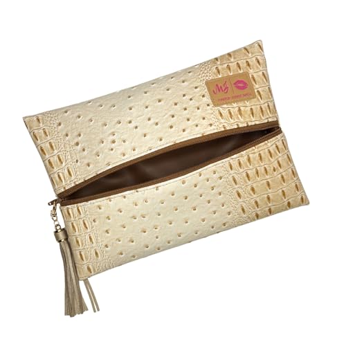 Makeup Junkie Medium Makeup Bag - Dune Faux Croc - Patented Lay Flat Travel Toiletry Bag for Women - 8" x 11.5