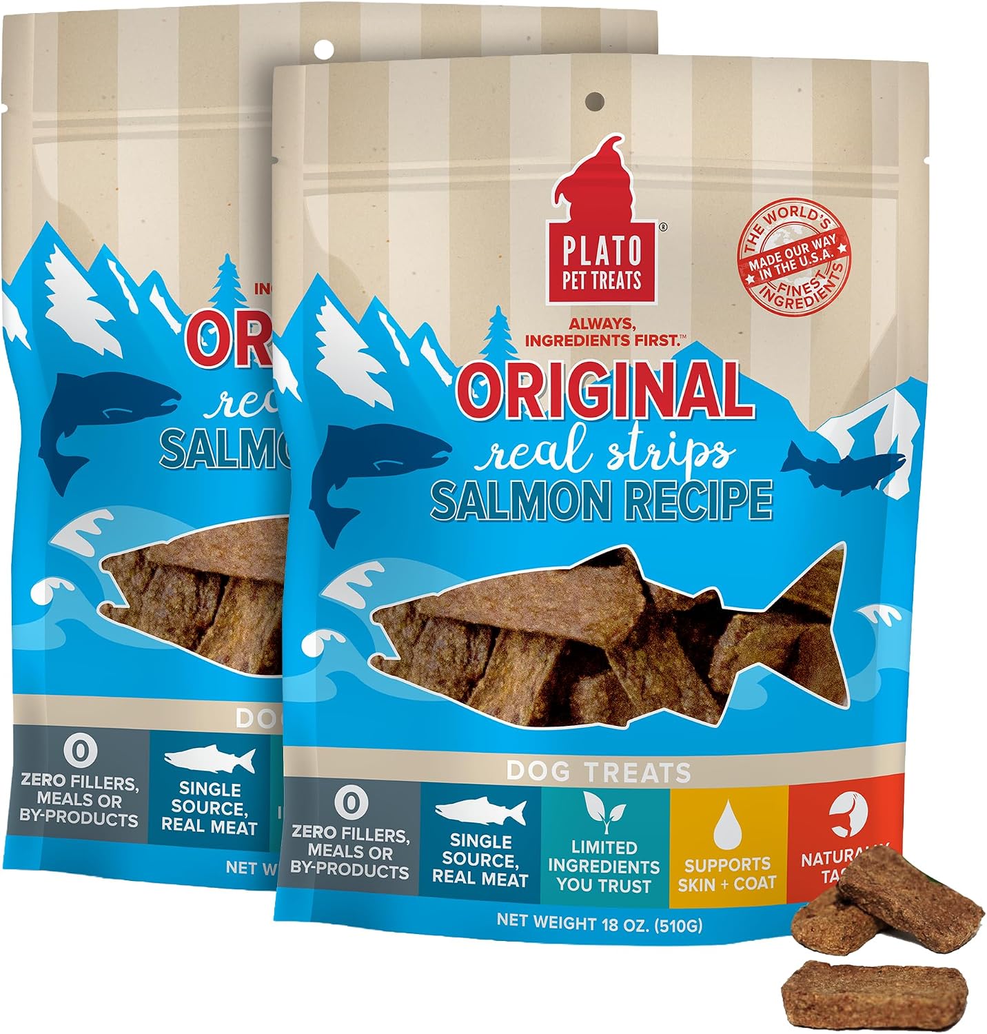 Plato Real Strips Salmon Meat Bars 18 oz 2-Pack by Plato Pet Treats - American Made