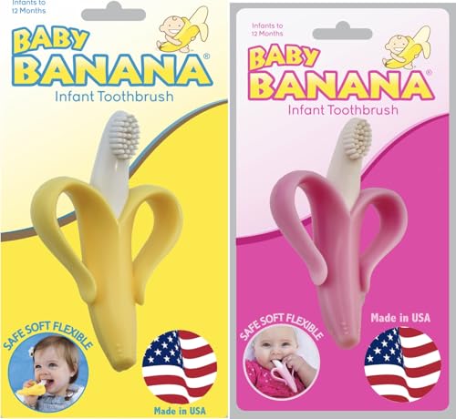 Baby Banana Yellow and Pink 2-Pack of Infant to Toddler Silicone Toothbrushes, Bendable, Food Grade Silicone