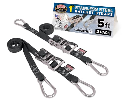 PowerTye 1 inch x 5ft Stainless Steel Ratchet Straps with Stainless Steel Carabiner Hooks, 800lb Working Load